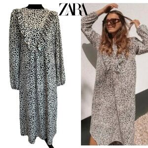 Zara beige black leopard cheetah animal print ruffle frill frock midi maxi dress